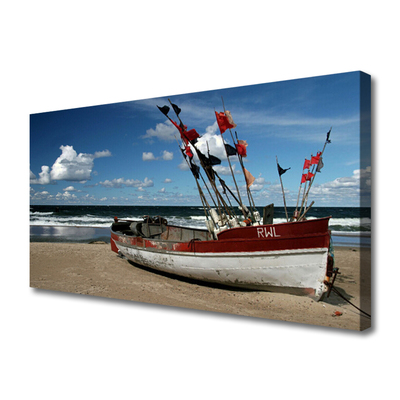 Canvas print Sea beach boat landscape blue red white brown