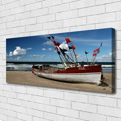 Canvas print Sea beach boat landscape blue red white brown