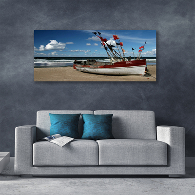 Canvas print Sea beach boat landscape blue red white brown