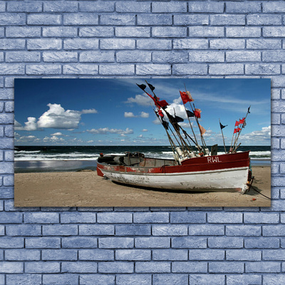 Canvas print Sea beach boat landscape blue red white brown