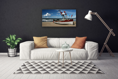 Canvas print Sea beach boat landscape blue red white brown