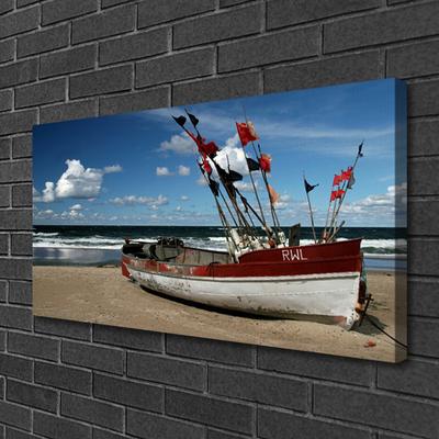 Canvas print Sea beach boat landscape blue red white brown