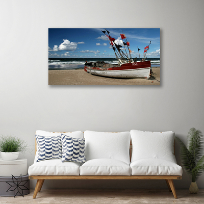 Canvas print Sea beach boat landscape blue red white brown