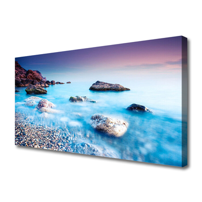 Canvas print Sea stones beach landscape blue grey pink