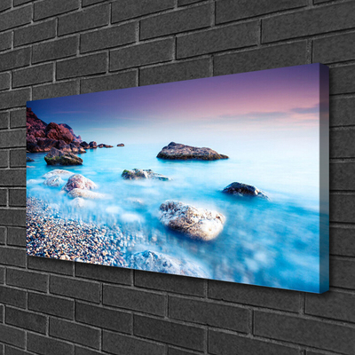 Canvas print Sea stones beach landscape blue grey pink