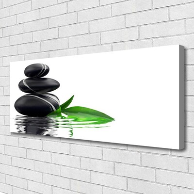 Canvas print Stones leaves water art black green white