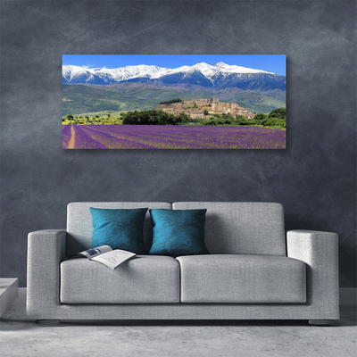 Canvas print Meadow flowers mountains landscape purple green blue white