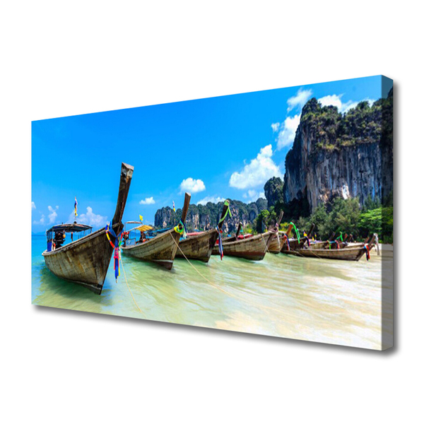 Canvas print Boats sea beach landscape blue grey