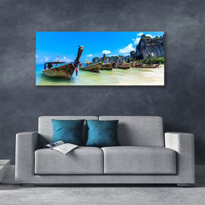 Canvas print Boats sea beach landscape blue grey