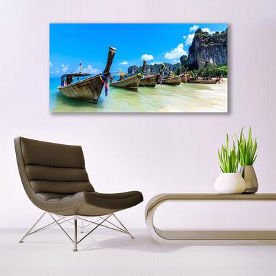 Canvas print Boats sea beach landscape blue grey