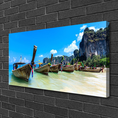 Canvas print Boats sea beach landscape blue grey