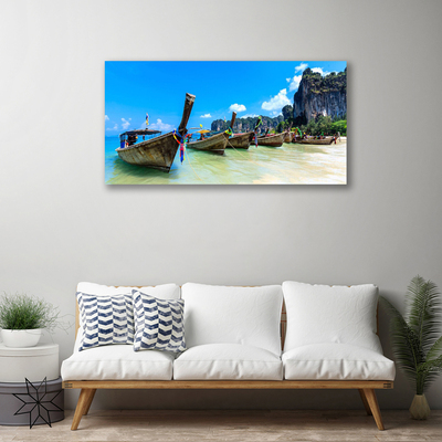 Canvas print Boats sea beach landscape blue grey