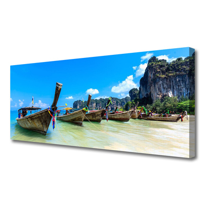 Canvas print Boats sea beach landscape blue grey