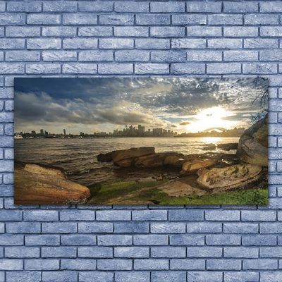 Canvas print Sea stones city landscape green grey blue