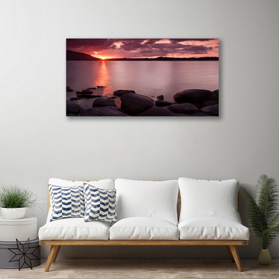 Canvas print Sea stones landscape purple black pink