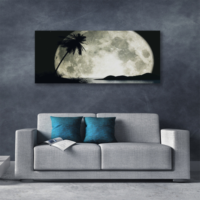 Canvas print Night moon palm landscape black grey white