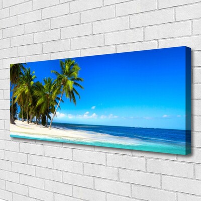 Canvas print Palm trees beach sea landscape white green blue