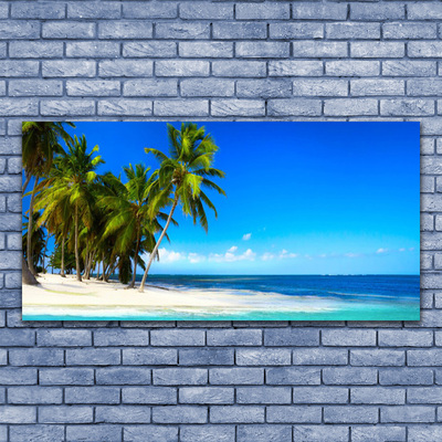 Canvas print Palm trees beach sea landscape white green blue