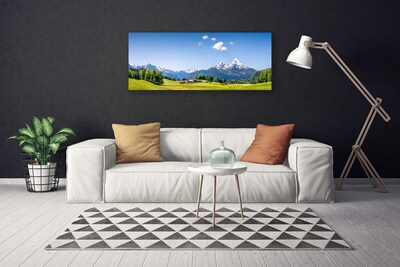 Canvas print Fields trees mountains landscape green grey white blue