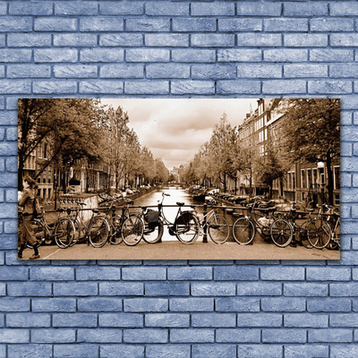 Canvas print River bicycles trees landscape green grey