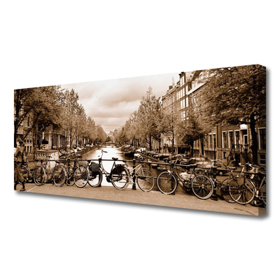 Canvas print River bicycles trees landscape green grey