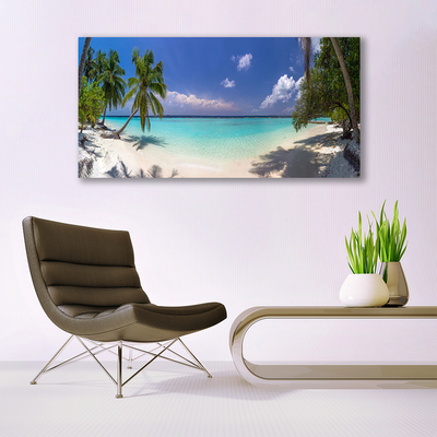Canvas print Sea beach palm trees landscape white blue green brown