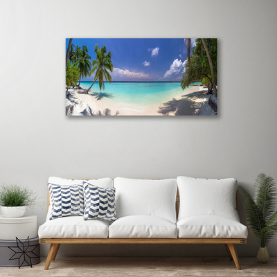 Canvas print Sea beach palm trees landscape white blue green brown