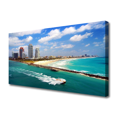 Canvas print Sea beach town landscape blue brown grey