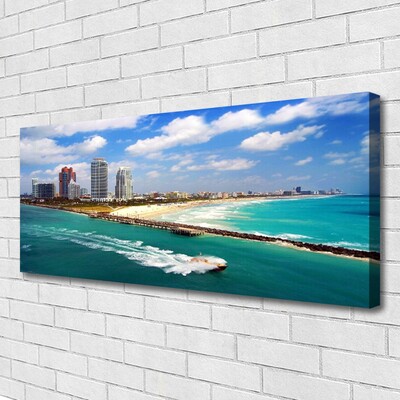 Canvas print Sea beach town landscape blue brown grey