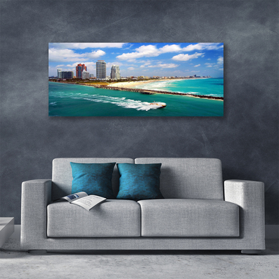 Canvas print Sea beach town landscape blue brown grey