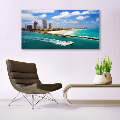 Canvas print Sea beach town landscape blue brown grey