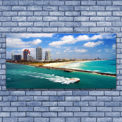 Canvas print Sea beach town landscape blue brown grey