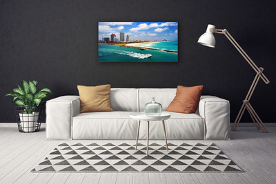 Canvas print Sea beach town landscape blue brown grey