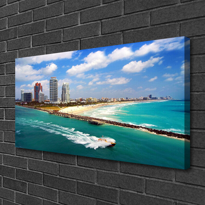 Canvas print Sea beach town landscape blue brown grey