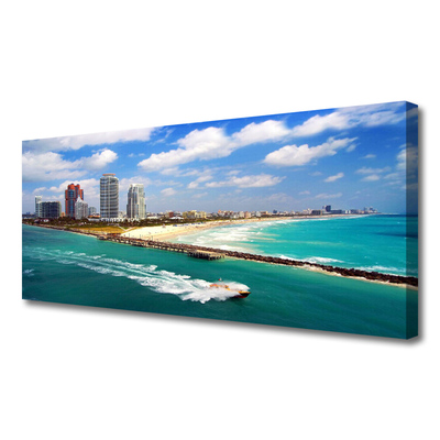 Canvas print Sea beach town landscape blue brown grey