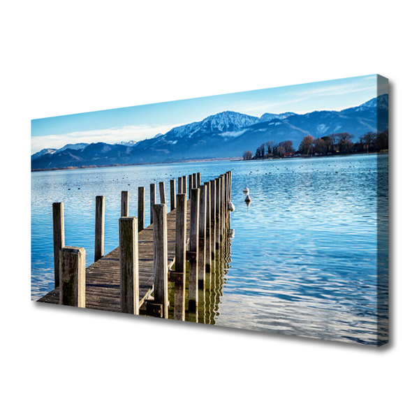 Canvas print Bridge sea mountains architecture brown blue grey