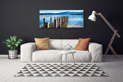 Canvas print Bridge sea mountains architecture brown blue grey