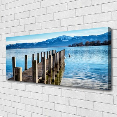 Canvas print Bridge sea mountains architecture brown blue grey