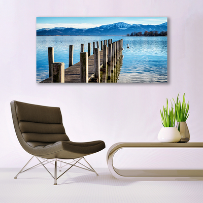 Canvas print Bridge sea mountains architecture brown blue grey