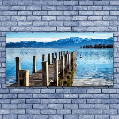 Canvas print Bridge sea mountains architecture brown blue grey