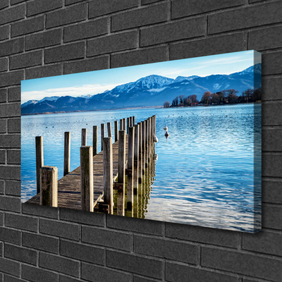 Canvas print Bridge sea mountains architecture brown blue grey