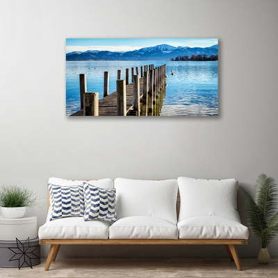 Canvas print Bridge sea mountains architecture brown blue grey