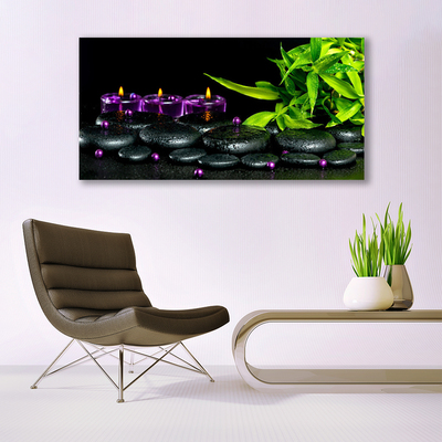 Canvas print Candle stones leaves art black green purple