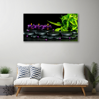 Canvas print Candle stones leaves art black green purple