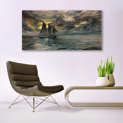 Canvas print Sea boat landscape grey yellow