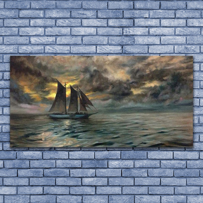 Canvas print Sea boat landscape grey yellow