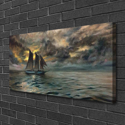 Canvas print Sea boat landscape grey yellow