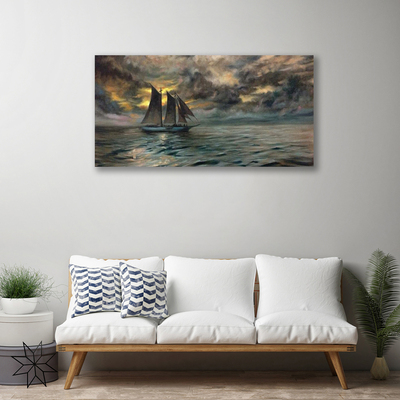 Canvas print Sea boat landscape grey yellow