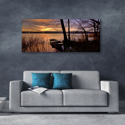 Canvas print Sea boat landscape black yellow brown