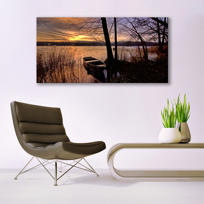 Canvas print Sea boat landscape black yellow brown